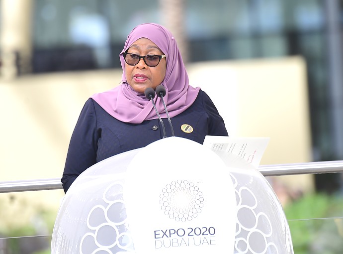 Mheshimiwa Rais Samia akihutubia kwenye Siku ya Kitaifa ya Tanzania katika Maonesho ya Dubai Expo 2020 tarehe 26 Februari, 2022